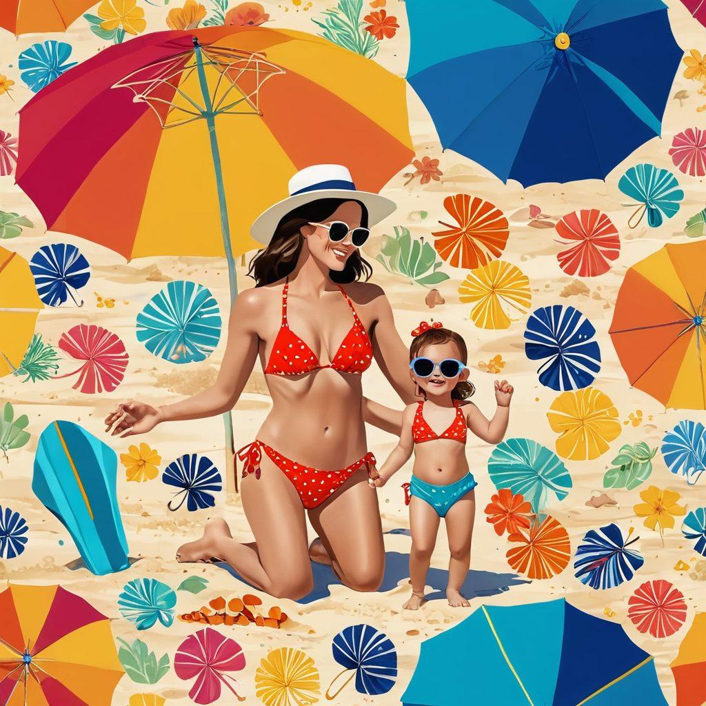 A vibrant beach scene featuring a cheerful mother and her child trying on various stylish swimwear, including vintage bikinis and eco-friendly swimsuits. The background showcases colorful beach umbrellas, golden sand, and gentle waves, creating a fun and inviting atmosphere. Add elements like flowers and seashells to enhance the summer vibe. vivid colors. playful illustration.